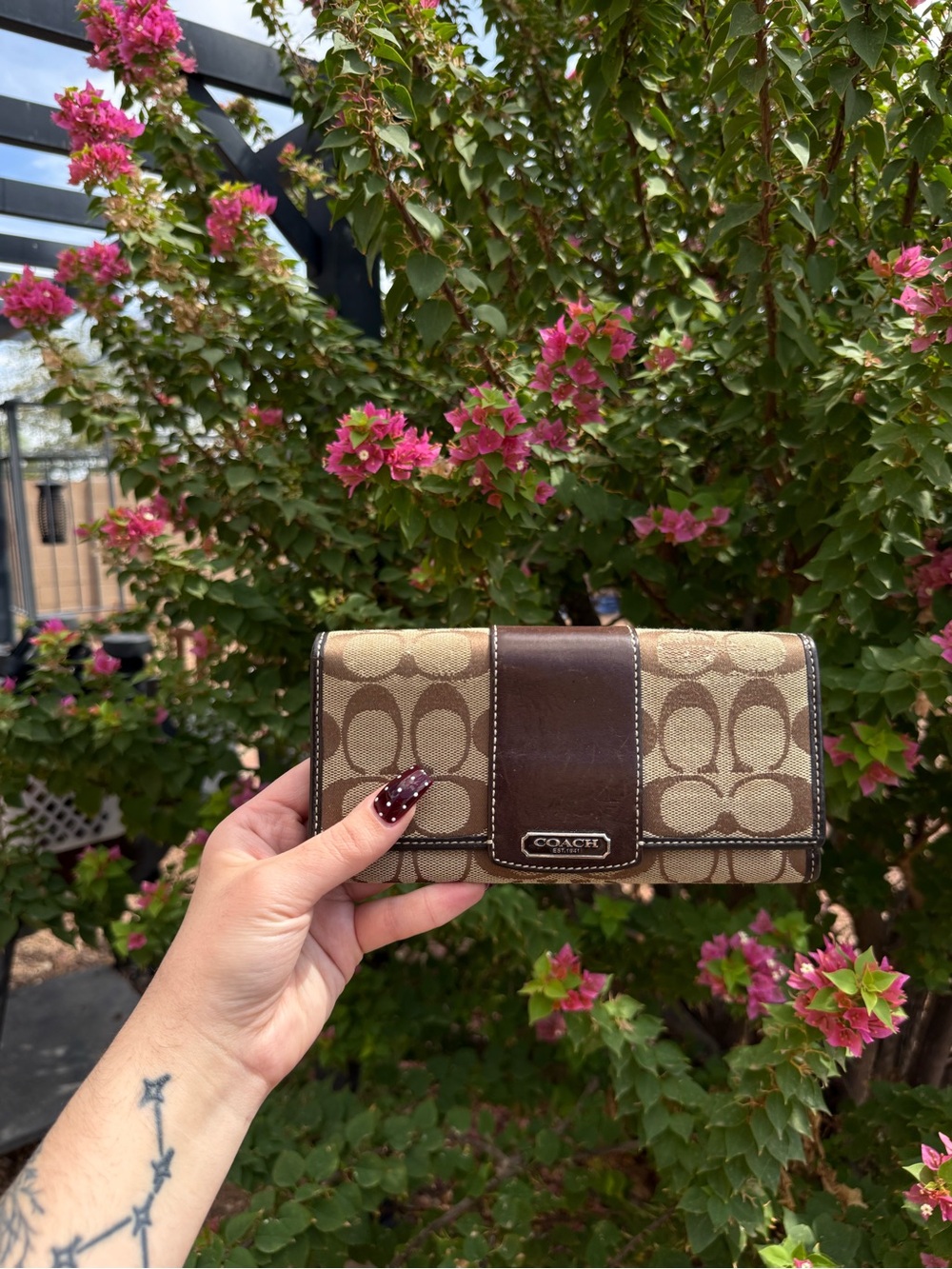 Coach Brown Signature Canvas Wallet with Dark Brown Leather Trim